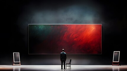Poster - A man standing in front of a large colorful painting in an art gallery with bright light illuminating the scene