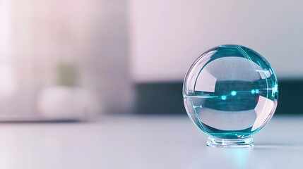 Poster - Elegant glass ball resting on a smooth table surface reflecting surroundings with a touch of sophisticated charm