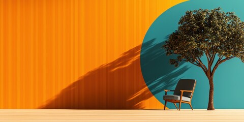 Poster - Relaxing chair under tree modern interior minimalist design vibrant colors indoor setting