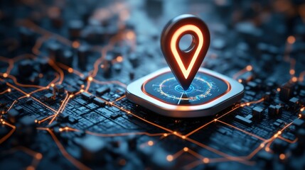 Poster - Pin on computer keyboard with futuristic gps mapping and navigation interface for destinations