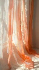 Poster - Ethereal peach and white sheer fabric drapes gracefully in soft sunlight casting gentle shadows creating a warm inviting ambiance with subtle texture
