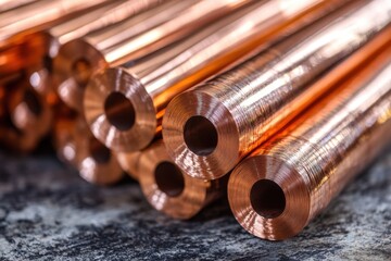 Aufkleber - Gleaming copper tubes arranged in a neat stack showcasing industrial precision and material elegance with a warm metallic glow and smooth cylindrical forms