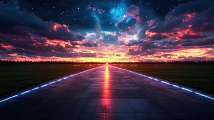 Poster - Futuristic digital runway under a starry night sky with bright shining stars and cosmic elements above it