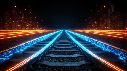 Poster - Futuristic train tracks with neon blue line and vintage blue and orange hues in a modern transport setting