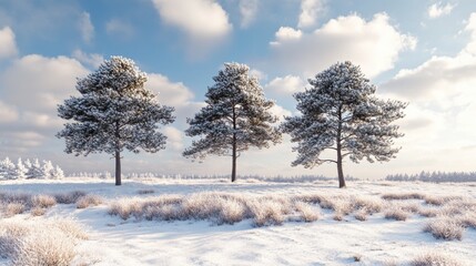 Canvas Print - Three Trees in Snowy Field