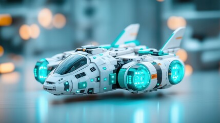 Poster - Futuristic spaceship with glowing green light and turquoise accents in a high-fidelity digital rendering