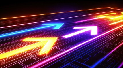 Poster - A vibrant, abstract digital image featuring glowing arrows moving forward against a dark background, symbolizing progress and direction.