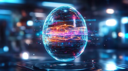 Fototapete - Optical egg with glowing digital patterns in a futuristic setting