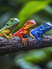 Poster - Three colorful lizards on branch