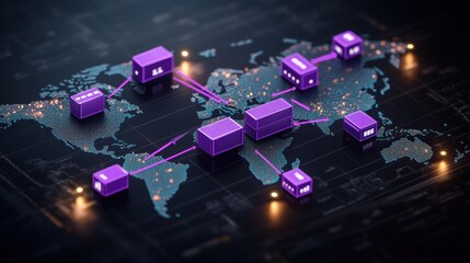 Poster - World map with purple cubes illustrating global shipping and supply chain connections in high fidelity
