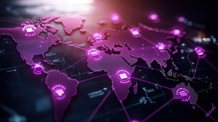 Poster - World map with purple glow representing global shipping and supply chain connections