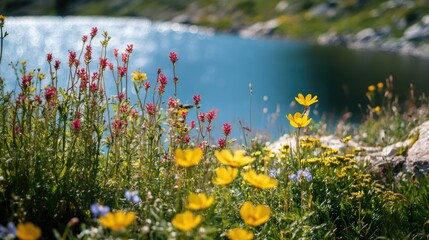 Wall Mural - wildflower field near water