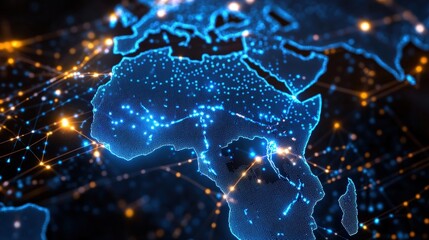 Aufkleber - Glowing blue digital map of africa with illuminated dots representing major cities and landmarks