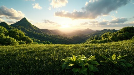 Poster - Field of grass with mountain in the background and hazy horizon under clear sky during daytime