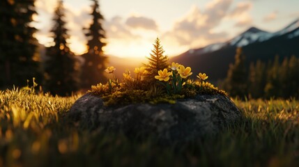 Poster - Small plant growing on a rock surrounded by grass with a hazy horizon in the background