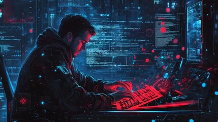 Concentrated Hacker Working Late at Night on a Computer