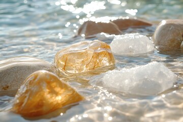 Poster - Serene beach scene capturing smooth stones glistening in shallow water under sunlight creating a tranquil mood and natural beauty with clear water