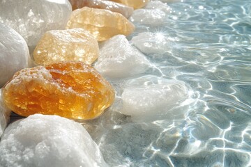 Poster - Serene spa scene of mineral stones in clear water creating a calming and refreshing atmosphere with natural light and crystal reflections