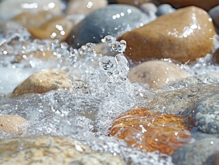 Poster - Serene cascade flowing over smooth river stones creating a refreshing natural scene with glistening water drops and a tranquil atmosphere