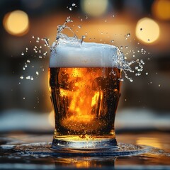 Poster - Refreshing golden beer in glass with dynamic splash on dark surface capturing liquid motion and bokeh lights for stock photo