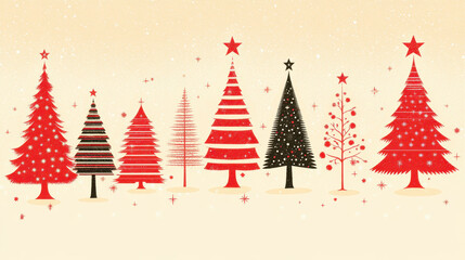Wall Mural - festive christmas tree designs in red and black on beige background, creating cheerful holiday atmos