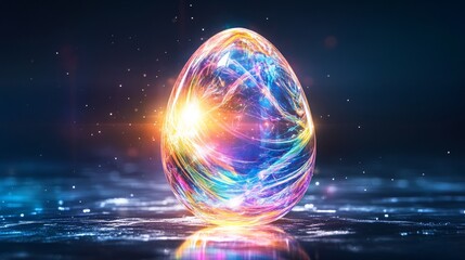 Poster - Colorful glowing egg surrounded by vibrant light and dynamic reflections in a dark setting