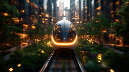 Poster - Train traveling through urban cityscape at night with hyperloop train in background