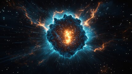 Poster - Blue and orange explosion of stars in hyperspace tunnel with radiating energy and light