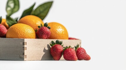 Wall Mural - Summer Fruit Crate  Oranges  Strawberries  Wooden Box  Fresh  Healthy  Vibrant