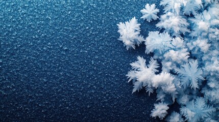 Poster - Snowflakes on a blue background with ice texture and frost patterns on a frozen surface