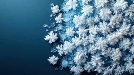 Poster - Close-up of snowflakes on a frozen blue textured surface with frost and ice patterns in winter atmosphere