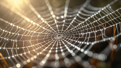 Delicate spider web adorned with morning dew glistening in the sunlight