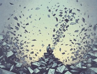 Naklejka na meble A lone individual sits amidst an abstract whirlwind of flying papers, signifying creativity, reflection, or chaos, portrayed with artistic lines and a serene yet dynamic backdrop.

