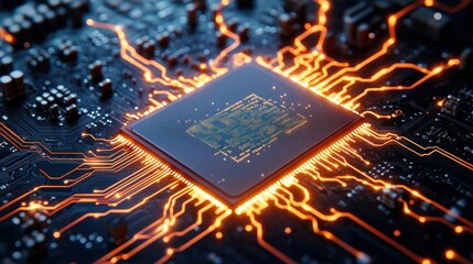 Poster - Close up of a computer chip on a circuit board with illuminated energy lines flowing through