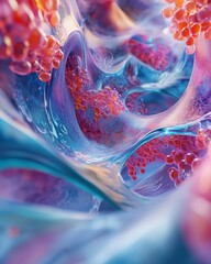 Poster - Abstract microscopic view of cells flowing through a vessel with vibrant colors and soft lighting for medical research