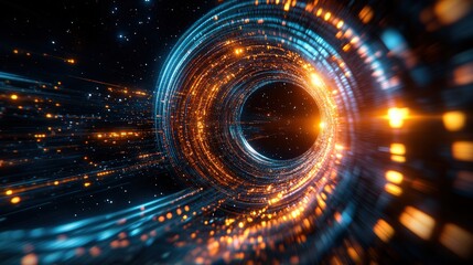 Poster - Illustration of a black hole with light emerging and a depiction of high-speed space travel