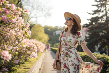 stylish young woman wearing a floral dress, sunglasses, and a straw hat, enjoying the warm spring su