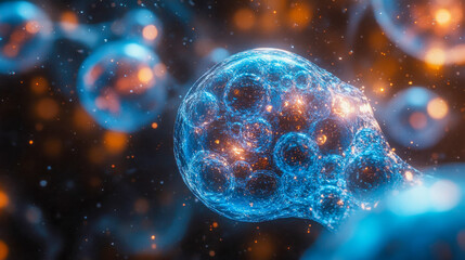 Poster - Close-up of blue microscopic exosome particles inside transparent spheres, floating in a dark background
