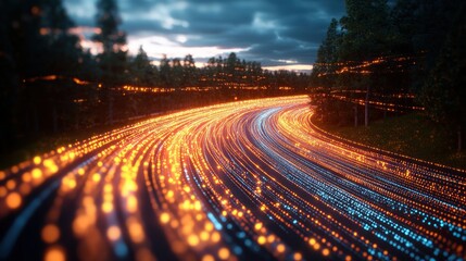 Poster - Blurred view of illuminated highway with vibrant light trails and digital data streams at night