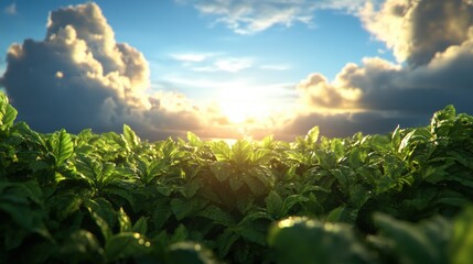 Poster - Field of green leaves illuminated by sunlight under a cloudy blue sky with jungle background