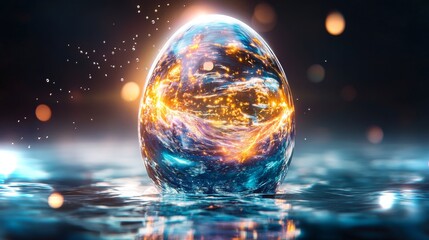 Poster - Glowing crystal egg resting on shimmering water surface creates a magical atmosphere