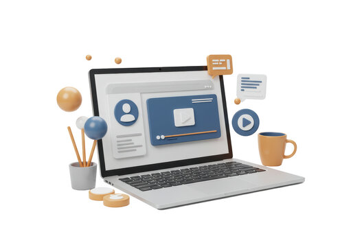 isolated laptop scene with online learning elements