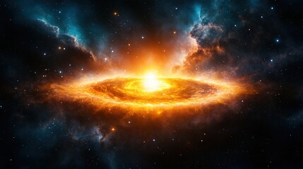 Poster - Bright orange nebula with black hole at center and light speed hyperspace warp tunnel in cosmic space