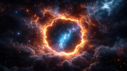 Poster - Large orange nebula surrounded by cosmic elements and a light speed hyperspace warp tunnel abstract image