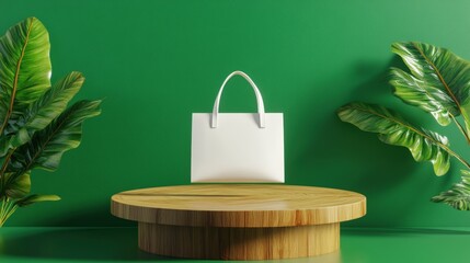 Poster - White bag placed on a wooden table with a bright backdrop for minimalist photography setup