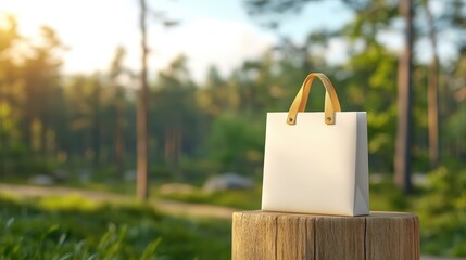 Poster - White bag resting on wooden post against bright background showcasing minimalist design and composition