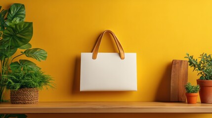 Poster - White bag on shelf beside potted plants with bright backdrop in minimalistic environment