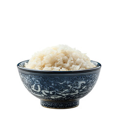 Poster - Delicious white rice in decorative blue bowl, perfect for meals. This captures essence of comfort food and culinary tradition