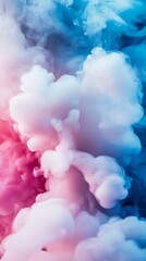 Poster - Vibrant clouds of pink and blue smoke intertwine elegantly, creating an enchanting atmosphere. The backdrop captures the essence of creativity, swirling against a soft sunset glow