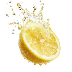 Poster - Fresh lemon slice splashing in water, creating dynamic droplets and vibrant scene. Perfect for culinary, beverage, or health related themes